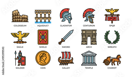 Ancient roman icons: colosseum, gladiator helmet, spqr emblem, temple, chariot