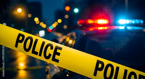 Close-up of yellow police tape with blurred police car lights and city lights in the background at night.