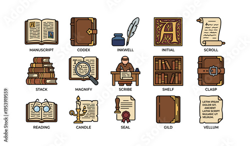 Medieval manuscripts and tools - inkwell, scroll, scribe, initials, candle