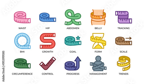 Colorful icons representing waist hip abdomen belly measurement and tracking goals