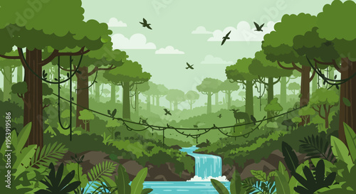 Tropical Forest with Waterfall and Birds Flying.