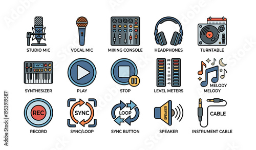 Audio icons set with studio mic, mixing console, headphones, turntable, synthesizer, and more
