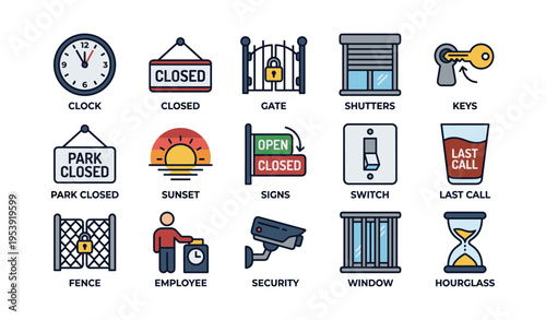 Icons of closed signs, security measures, and time concepts