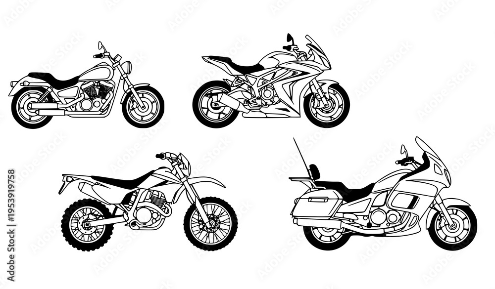 Naklejka premium Motorcycle Collection Vector Illustration – Different Motorcycle Models Isolated on White