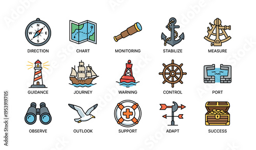 Nautical icons set featuring compass map anchor telescope lighthouse ship wheel