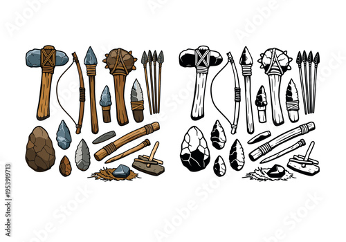 Collection of ancient stone age hunting and crafting tools, including axes, spears, arrows, clubs, and flint stones