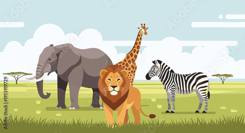 Lion Elephant Giraffe Zebra Cartoon Illustration.