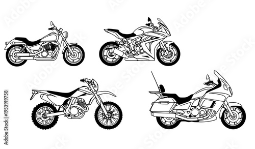 Motorcycle Collection Vector Illustration – Different Motorcycle Models Isolated on White
