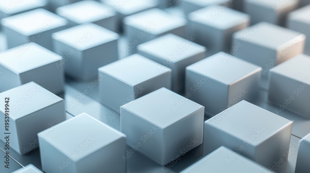 Fototapeta premium A 3D rendered grid of light blue cubes arranged in a symmetrical pattern, creating a visually striking and geometrically balanced composition.