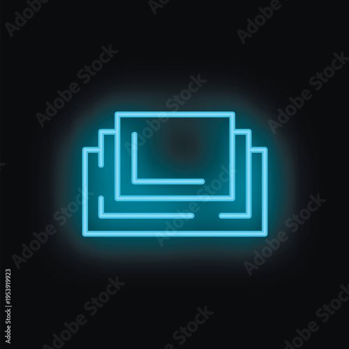 Neon blue layers icon light glowing on black background