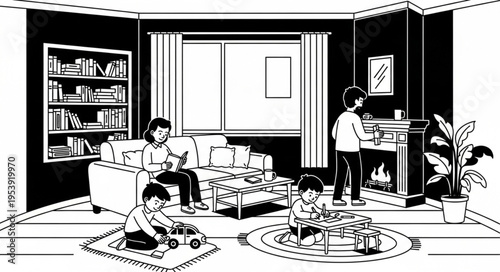 Family Togetherness in a Cozy Living Room Illustration.