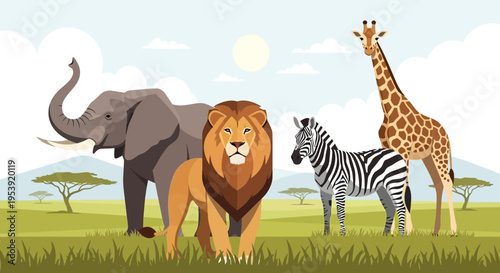 Cartoon Animals Standing Together in Landscape.