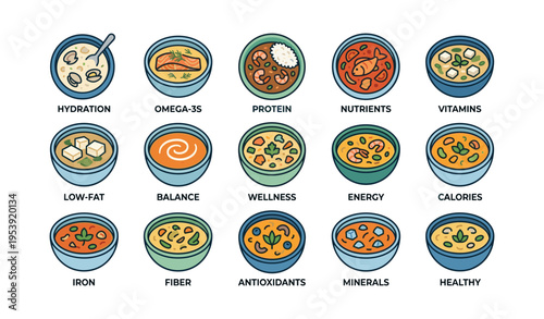 Illustrated variety of nutrient-rich food bowls featuring healthy choices