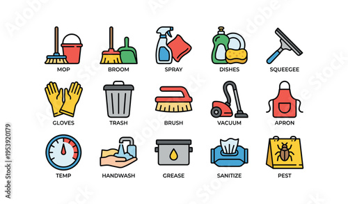 Colorful cleaning and maintenance icons: tools, gloves, vacuum, sanitizer, pest control