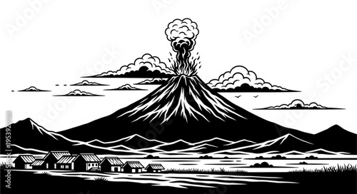 Volcanic Eruption Overlooking a Village - A Dramatic Black and White Illustration.