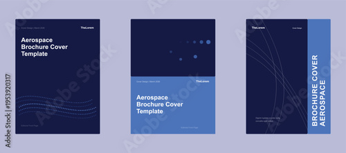 Aerospace brochure cover templates in deep navy blue with subtle curved lines and dot patterns for advanced technical and engineering reports.