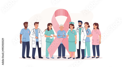 Healthcare Professionals with Pink Ribbon Symbol.
