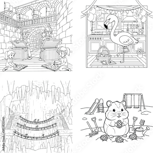 Playful line art assortment: village life, party flamingo, fantasy arch, and playground hamster