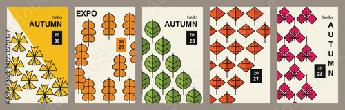 Hello autumn expo posters featuring stylized geometric leaf patterns in yellow orange green and pink for seasonal festival advertising and decorations.