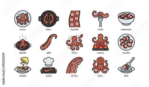 Illustrative icons of octopus dishes and cooking methods