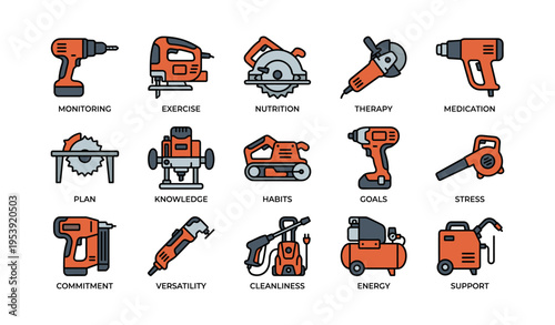 Icon set of power tools and life goals symbols in orange and gray