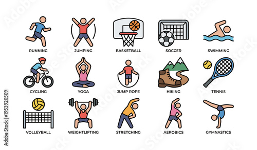 Colorful icons representing various sports and fitness activities including basketball and yoga
