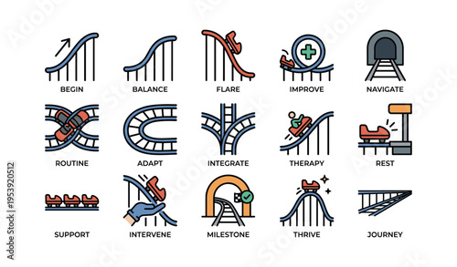 Journey stages: roller coaster ride icons depicting progress and milestones