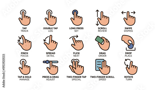 Mobile gesture icons: tap, swipe, pinch, flick, drag, rotate