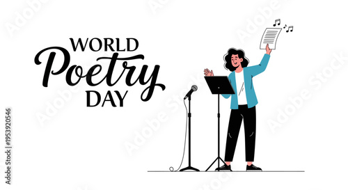 Illustration of a poet performing on stage with music notes, celebrating World Poetry Day with a microphone and sheet music, conveying a literary arts concept in a vibrant and creative way.