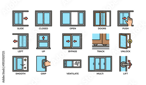 Vector set of window operation icons illustrating various actions and movements