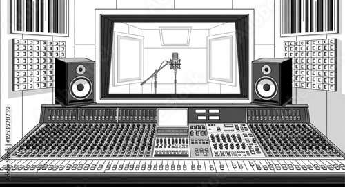 Detailed Illustration of a Professional Audio Recording Studio Console.