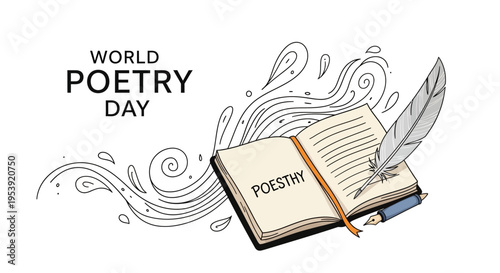 Illustration of an open book with a quill pen on World Poetry Day, surrounded by swirling lines and watercolor effects on a white background, celebrating literary arts and creative writing.