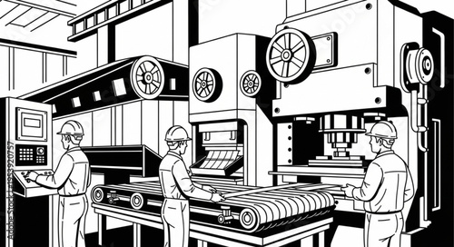 Manufacturing plant with workers operating machinery and conveyor belt.