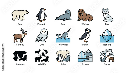 Collection of arctic animals including bear, penguin, seal, walrus, fox, caribou, owl, narwhal, and puffin
