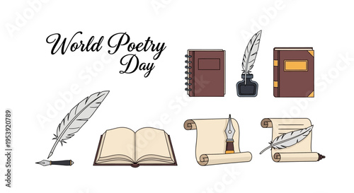 Vector illustrations of poetry writing concept with feather quills, books, and scrolls on white background for World Poetry Day design and celebration.