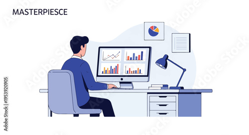 Professional man analyzing business data and financial reports on computer.