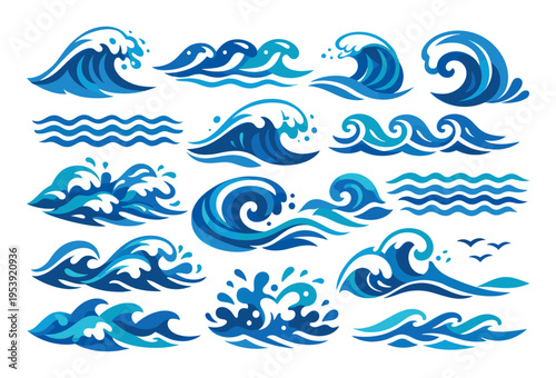 Ocean waves collection showcasing different shapes, splashes, and flowing water elements, ideal for illustrating marine and aquatic themes