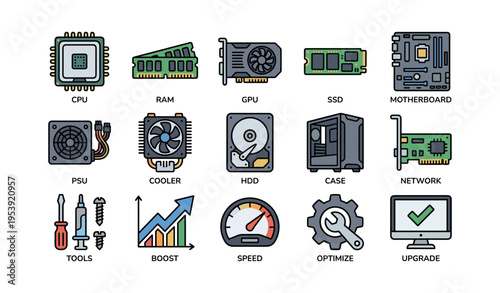 Computer hardware components icons: cpu, ram, gpu, ssd, hdd, psu, motherboard, network, cooling