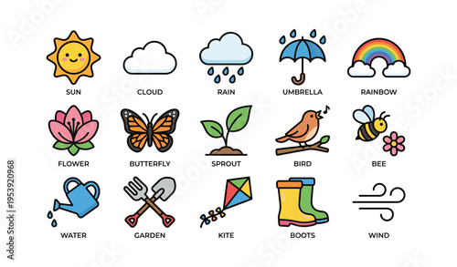 Colorful weather and nature icons including sun, cloud, umbrella, rainbow, flower, butterfly