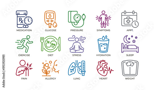Health icons illustrating medication, glucose, pressure, fitness, and wellness
