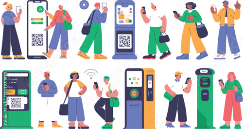 Diverse people interact with mobile payment kiosks and digital ticketing.
