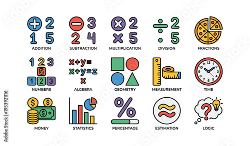 Colorful math icons featuring addition, subtraction, multiplication, division, and fractions