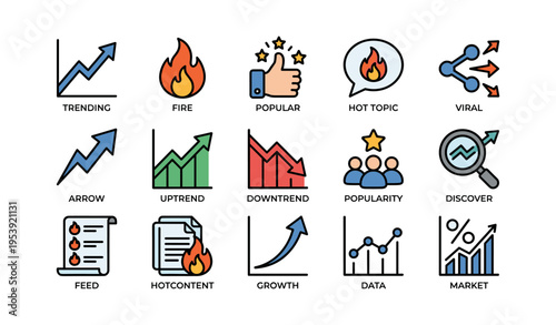 Trending icons: growth, popularity, data, discovery, and viral topics
