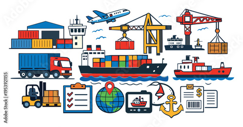 Worldwide supply chain operations featuring freight services, delivery, import, and export flow through various transport methods