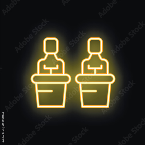 Neon icon of two politicians speaking from a tribune giving a speech during political debate