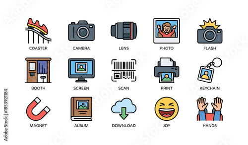 Camera equipment and digital media icons featuring various devices and symbols