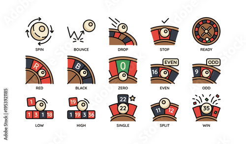 Roulette wheel icons: spin, bounce, numbers, win, zero & more