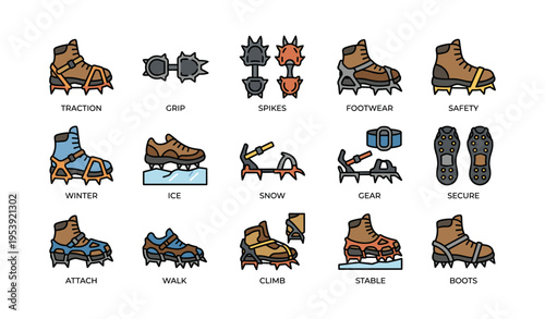 Illustrated footwear with ice crampons for safety and traction