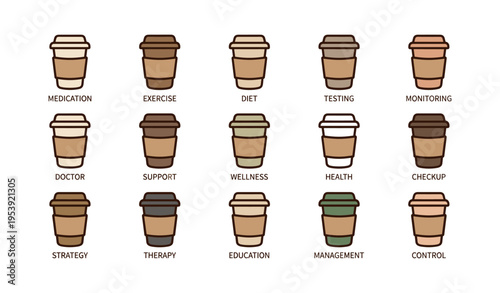 Illustrated coffee cups with health and wellness themes display various concepts