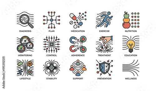 Healthcare and wellness icons: diagnosis, exercise, nutrition, monitoring, stability, support